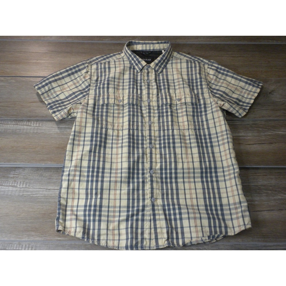 Prana Kirkwood Shirt Mens L Blue Beige Plaid Breathable Mesh Yoke Hiking Granola